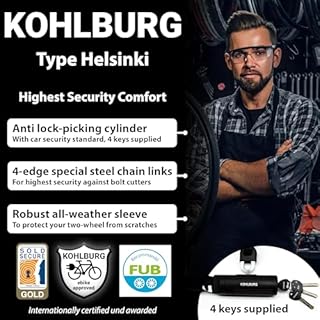 KOHLBURG Security Chain Lock Sold Secure Gold - 4ft / 125cm Extra-Long Bicycle Lock - high Security Standard - Heavy Duty Lock 0.33" Strong - Secure Bike Chain Lock for e-Bike Bicycle Motorbike