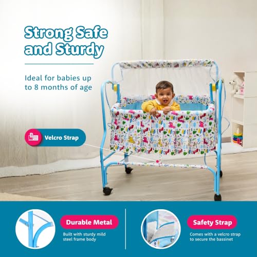Image of Amazon Brand - Supples Baby Cradle with Swing & Mosquito Net | 0-8 Months | Swing Lock | 4 Wheels with Brake | Soft & Comfortable for Baby Sleep | Sturdy Mild Steel Frame | Blue