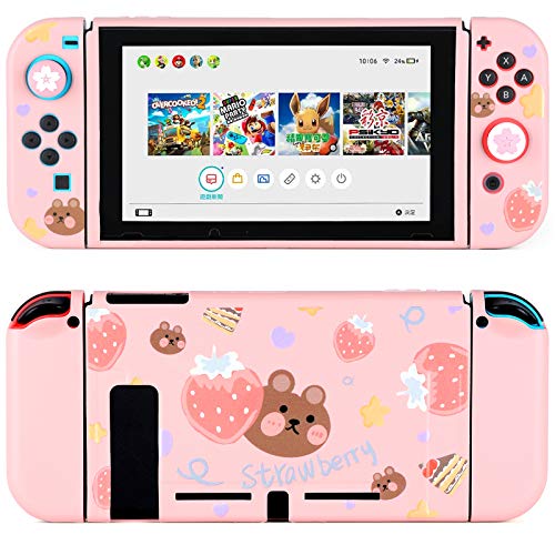 Tscope Protective Case for Nintendo Switch, Pink Soft TPU Slim Case Cover for NS Console and Joy-Con Controllers, with Tempered Glass Screen and 2 Thumb Grips Caps (Strawberry Bear Pink)