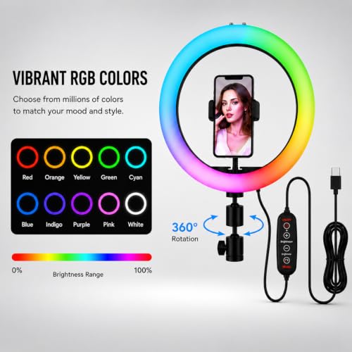 Image of Bestor 10 Inch RGB Ring Light with Phone Holder, 3 Light Modes, 10 Brightness Levels, USB Powered LED Selfie Ring Light for Video Recording, Live Streaming, Makeup, Photography & Online Classes