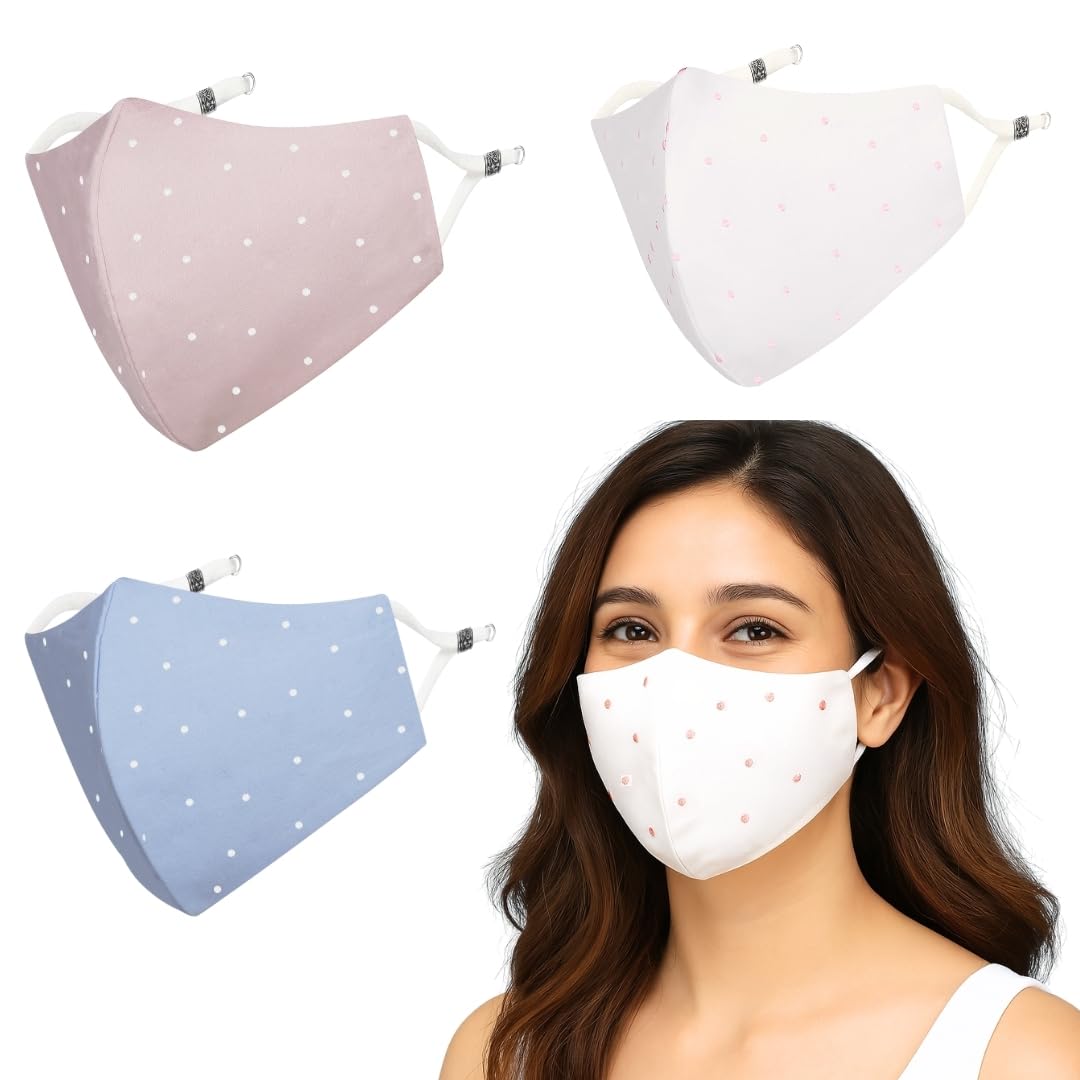 Polka Combo, Embroidered 4-Layer Premium 100% Pure Cotton Cloth Mask, Anti- Bacterial Filteration Efficiency (BFE)>99%, Reusable & Adjustable, Pink, White & Blue, Pack of 3