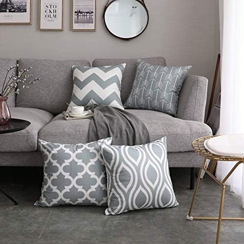 FanHomcy Accent Decorative Throw Pillow Cases Soft Microfiber Outdoor Throw Pillow Covers 18 x 18 for Couch Bedroom, Set of 4, Grey Quatrefoil Arrow Ogee Chevron Patterns