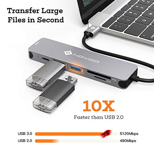 Image of NOVOO 6 in 1 USB Type C Hub with 4K HDMI, 60W USB C PD Charging Port, 2 USB 3.0 Ports, SD /TF Card Reader for MacBook Pro 2017 /2016 /2018, Huawei MateBook and More USB C Laptop and Smartphone, Grey