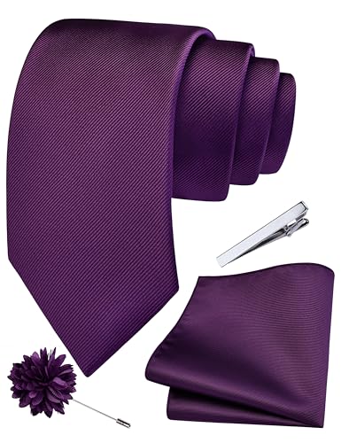 Image of Branduce 3.15 inch(8cm) Solid Formal Tie and Pocket Square Plain Necktie Lapel Pin and Tie Clip Set for Men