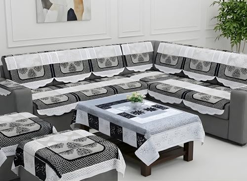 Image of Fab Nation Sofa Cover L Shape 7 Seater with Corner L Type Sofa Set for Living Room | Cotton Sofa Slipcovers for 4 + 3 Seaters Cover with 2 Arms + 2 Setty Covers + 1 Table Cover | Black