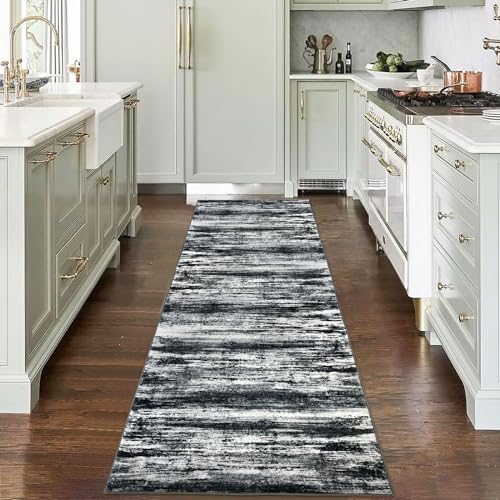 KOZYFLY Modern Abstract Hallway Runner Rug, 2.6x8 Washable Rug Runner Non-Slip Soft Striped Kitchen Runner Rugs, Black Navy Blue Grey Carpet Runner for Entryway Bathroom Laundry Room Foyer