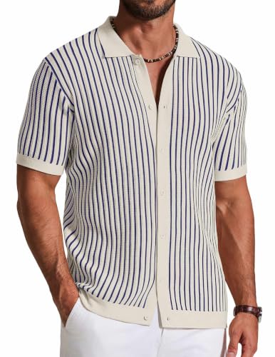 Image of COOFANDY Mens Knit Button Down Shirts Short Sleeve Polo Shirt Vintage Striped Casual Shirts