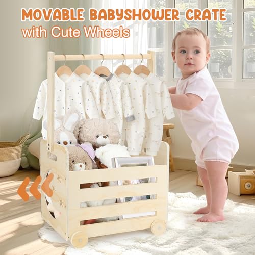 Image of Wooden Baby Shower Crate Closet with Wheels & Higher Handle, Pushable Baby Shower Gifts Baby Basket, Wooden Crate for Storage, Personalized Baby Gifts for Newborn Boy Girl New Parent, 28 inch x 13.6 inch x 9 inch