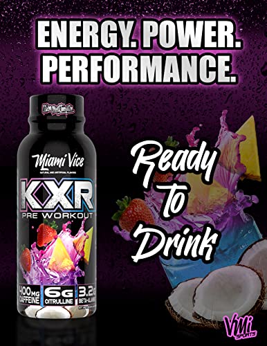 Image of VMI Sports KXR High Stimulant Pre-Workout Energy Ready to Drink 400mg Caffeine, 6g Citrulline, 3.2g Beta-Alanine | Delicious - Convenient - Powerful | 12.5 oz Bottles (Miami Vice, 12 Bottles)