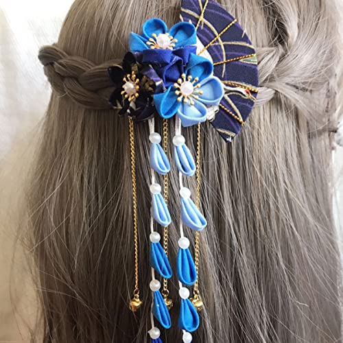 Pince à cheveux japonaise bleue fleurie pour coiffure de mariage et cérémonie Kimono