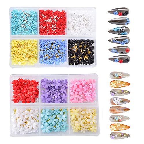 3D Colorful Flower Nail Charms 3 Boxes 3D Acrylic Flower Nail Art Rhinestones with Metal Caviar Beads Decoration Mixed Size Rhinestones Gold Silver Gem Manicure Tool Accessories DIY Nails Design