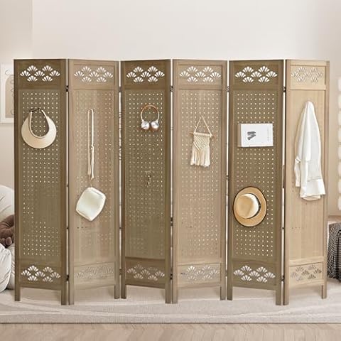Asnefeli 6 Panel Room Divider, 5.6Ft Pegboard Display with 24 Hooks, Carved Wood Room Divider Wall, Folding Privacy Screen, Portable Partition Walls for Craft Show, Jewelry, Cloth (Brown) Cover