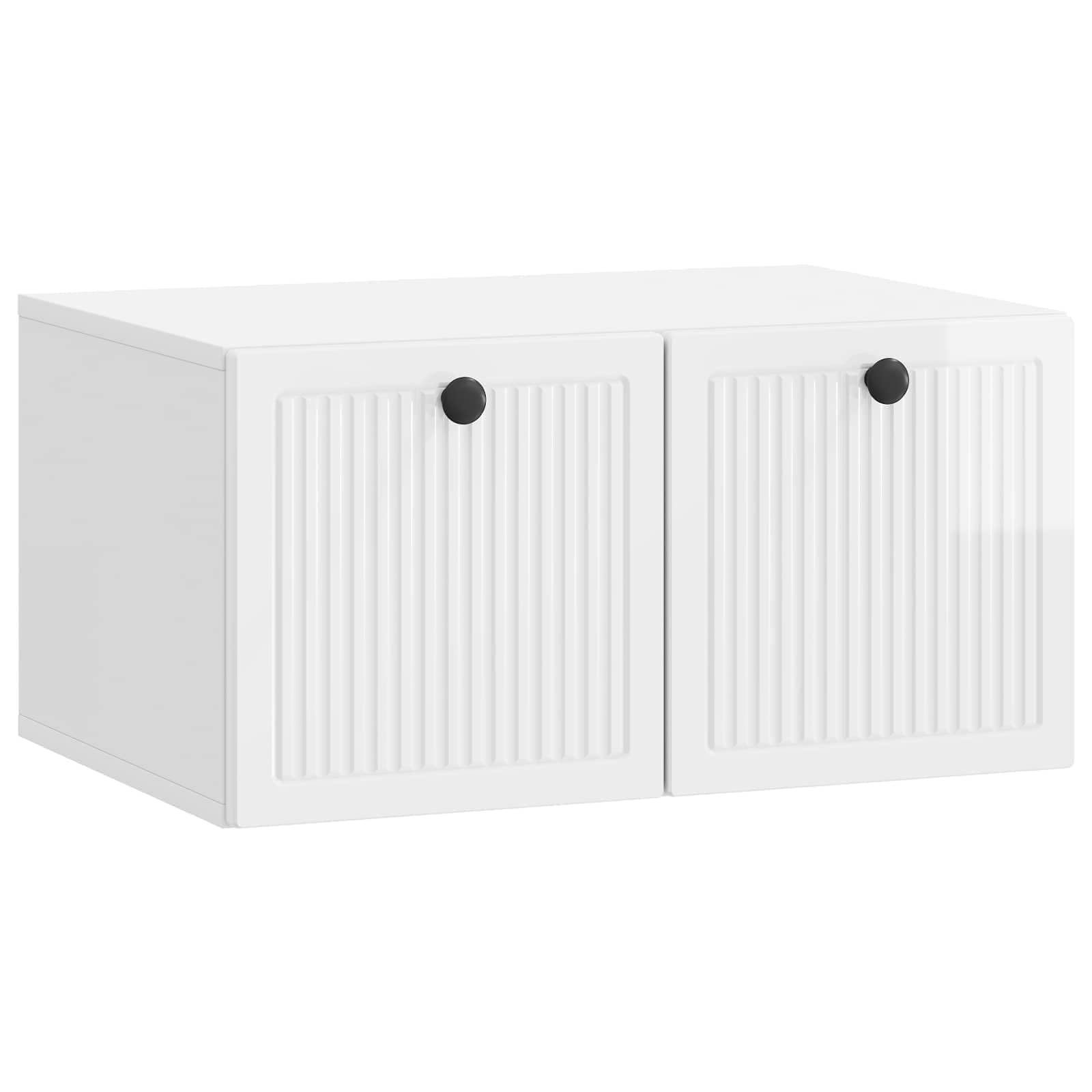 Mueble para TV montado en la pared, color blanco brillante, 59,5 x 41 x 30 cm, mueble bajo flotante de madera, moderno mueble de TV colgante para sala de estar con 2 puertas y espacio de