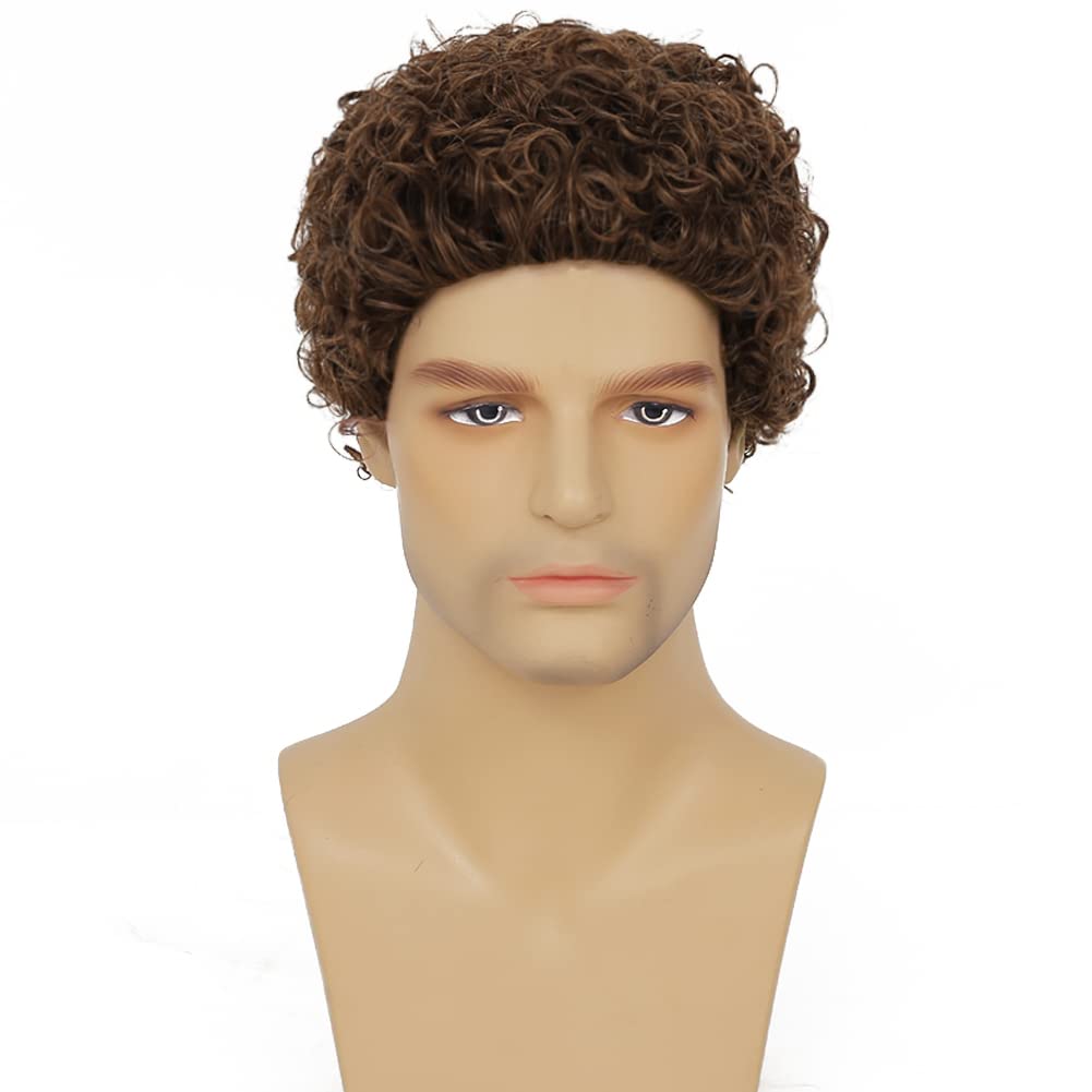 Mens Brown Curly Wigs Short Afro Rocker Wig Synthetic Daily Cosplay Party Costume Hair Wigs for Male Guys - Image 2