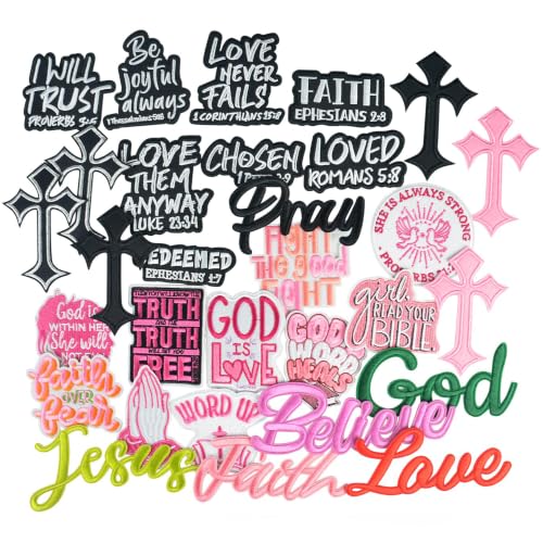 30 Pack Christian Iron On Embroidered Patches Religious Bible Verse Cross Embroidered Patches Cross Jesus Faith Patch Sew On Embroidered Appliques for Jackets Hats Backpacks Clothes DIY Gifts