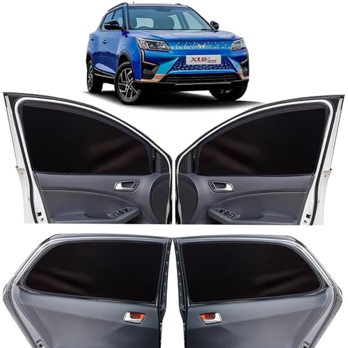 Image of OTO2EYE Car Sun Shade Compatible for Mahindra 400 XUV Model-2023-2025, Z-Black Super Magnetic Grip, Front Window Zipper, Side Window Curtains, 4 Pieces Set