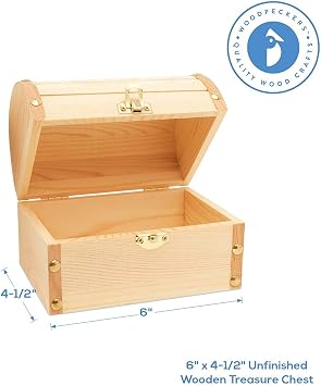 Woodpeckers 6 inch Wooden Treasure Chest Box, Wooden Box with Hinged Lid, Wooden Boxes for Crafts/Wedding Treasure Decor