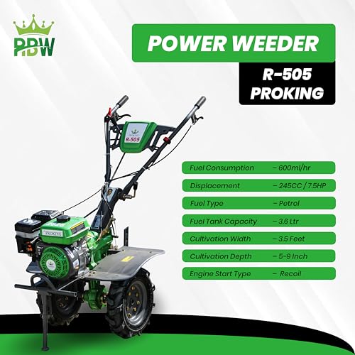 Image of RBW Power Weeder Machine for Agriculture 4 Stroke | 7.5 HP Petrol Engine 245cc Heavy Duty Power Weeder Plough,Cultivator Attachments for Soil Preparation, Weeding, Farming & Garden (R-505,Green)