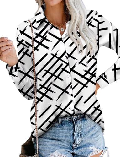 Image of Magritta Work Loose Fitting Blouses for Women Classy Black White Shirts Button Up Color Block Shirts V Neck Long Sleeve Tops Medium, A33. Whiteblack