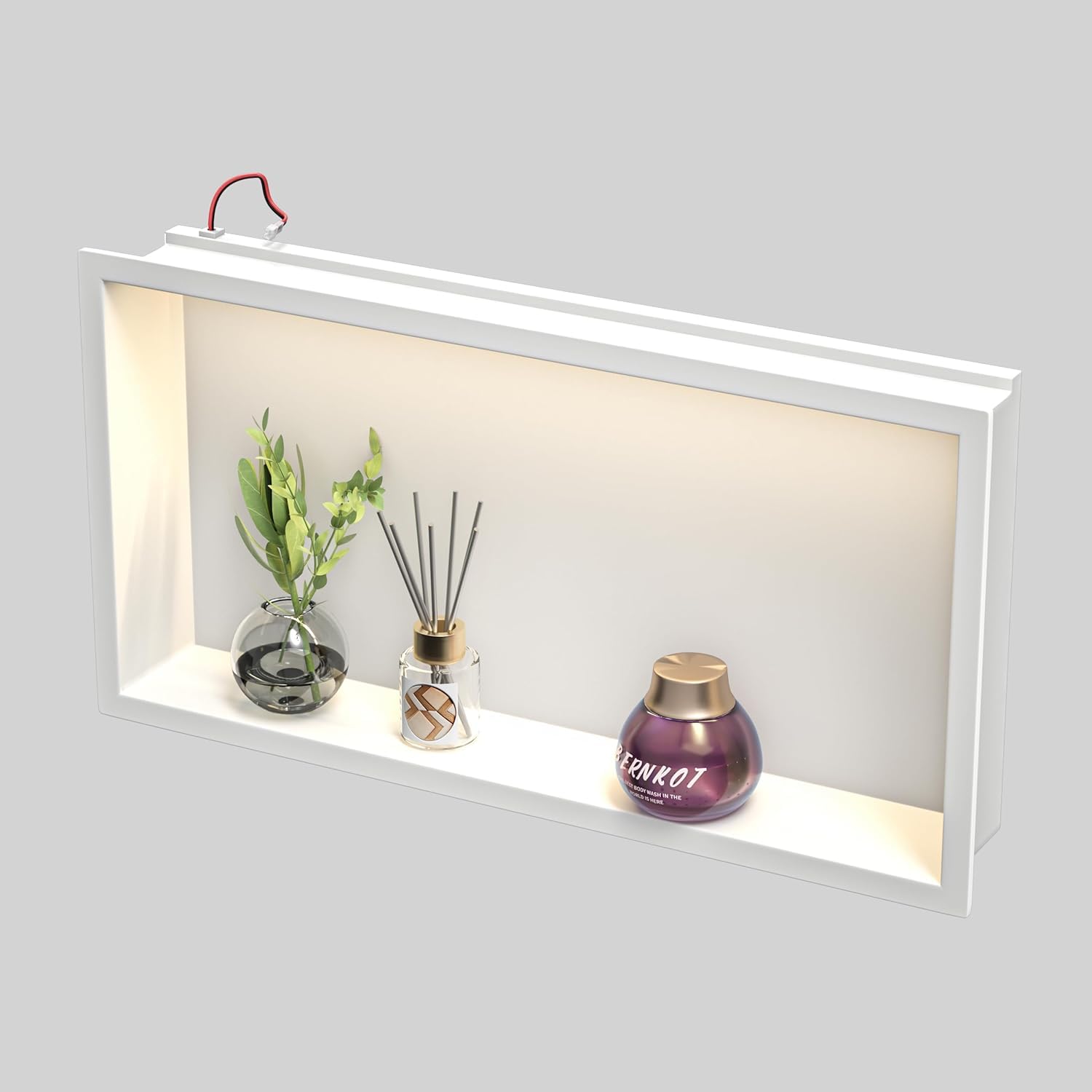 Bernkot Stainless Steel Shower Niche 600 mm x 300 mm White with Guided Light Waterproof No Tiles Required Wall Recess for Bathroom Storage Over Mountain Installation