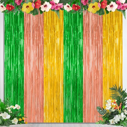 2 Pack Luau Decorations, 3.28 FT x 7.05 FT Summer Party Streamer, Green Brown Yellow Backdrop Tinsel Curtains Fringe Curtains, Metallic Hawaiian Supplies Aloha Party Decor