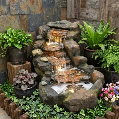 Image of Sunlinua 42 inch L Outdoor Water Fountain with 5Tiers Cascading Realistic Rock Waterfall Fountains with LED Lights Outdoor Water Fountain for Garden Patio Backyard Porch Home Decor