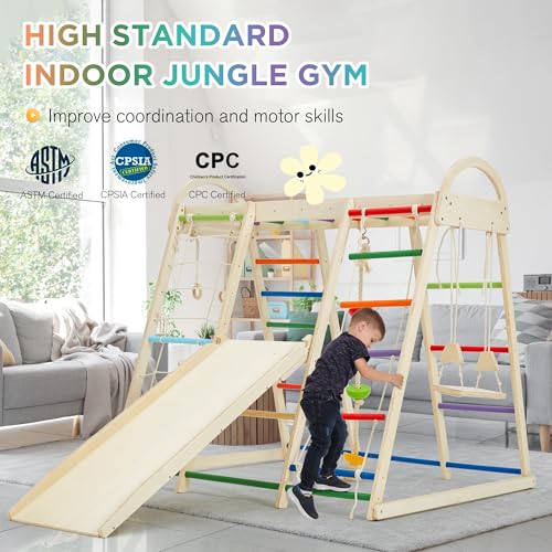 Image of 9 in 1 Indoor Jungle Gym, Indoor Playground Climber Playset, Climbing Toys for Kids with Swing, Slide, Rope Ladder and Climbing Rocks, Indoor Playset for Boys and Girls, Colorful