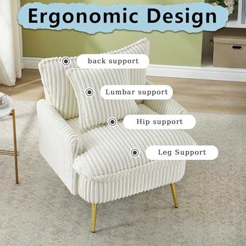 Sillón Corduroy Moderno Blanco con Brazos y Patas Doradas miniatura 6