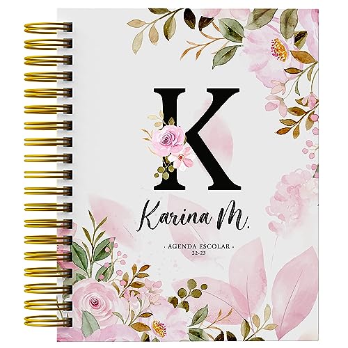 Agenda Escolar 2024-2025 - Agenda Escolar desde Septiembre 2024 a Agosto 2025 - Tamaño A5 - Diseño Flores en Portada - Agenda Personalizada Semana Vista. ONEPERSONAL (Agenda Escolar Flores K)
