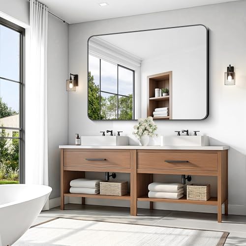 Image of KOCUUY Black Bathroom Mirror 55 inchx40 inch, Large Vanity Mirror with Rounded Corner, Metal Black Frame with Mordern Design for Bathroom, Living Room, Entryway, Hang Horizontal /Vertical