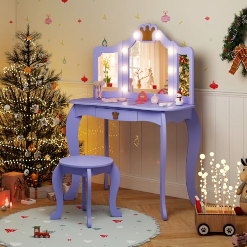 Image of KOTEK Kids Vanity with Lights, Crown Girls Vanity Set w /Tri-Folding Mirror, Detachable Top, Stool & Drawer, Wooden Toddler Makeup Dressing Table, Kids Vanity Table and Chair Set (Violet)