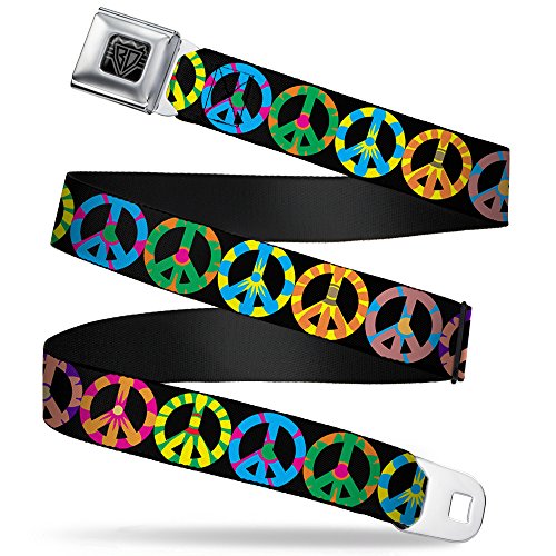 Buckle-Down Belt, Seatbelt Buckle Belt, Peace Flowers Black Multi Color, 24 to 38 Inches