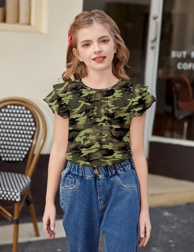 Image of Arshiner Girls T Shirts Ruffle Short Sleeve Summer Pleated Crewneck Casual Tops Tees Blouses