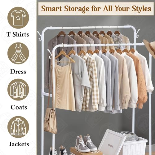 Image of Wings Star Double Pole 2 Layer Bars Cloth Stand - Freestanding Metal Garment Rack with Bottom Storage, Side Hooks & Caster Wheels - Cloth Rack for Bedroom Living Room (White L110.5 x B45 x H 149.5cm)