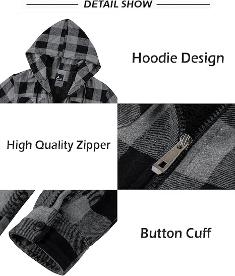 SCODI Mens Flannel Hooded Jacket Fleece Sherpa Lined Zip Up Plaid Hoodies - image 5