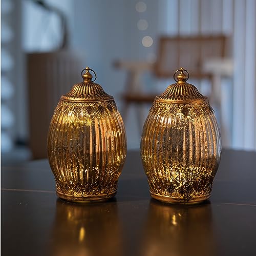 Jinfa 2er-Set Laternen Stimmunglichter mit batteriebetrieber LED-Lichterkette orientalische Zierde Tischdeko Geschenk | Oval | Königliches Gold | Ø 10,5 cm × H 18 cm