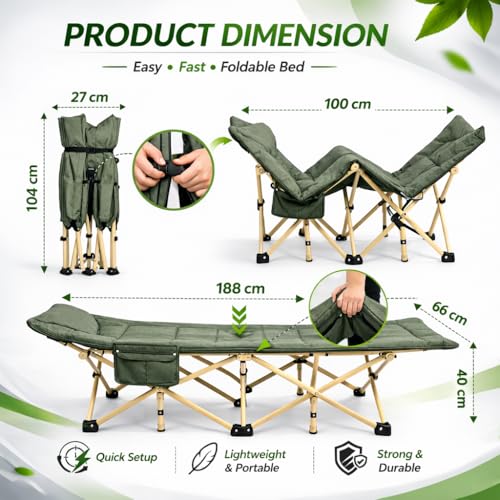 Image of 6FT Portable Folding Bed Single for Sleeping Outdoor Single Cot Foldable for Travelling Sleeping Bed for Adults Outdoor Camping with Side Pocket and Carry Bag Upto 150KG (Green, 188x66X40CM)