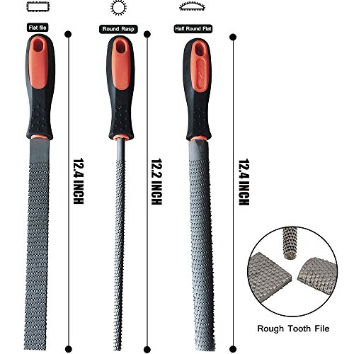 Ycammin 8" Wood Rasp File Set With Rubber Grip - Includes Hand Cut Round, Half-Round, And Flat Rasp File Kit - Curved And Flat Tools(3 Pcs) The Color Of Packing Bag Is Random #TOP4