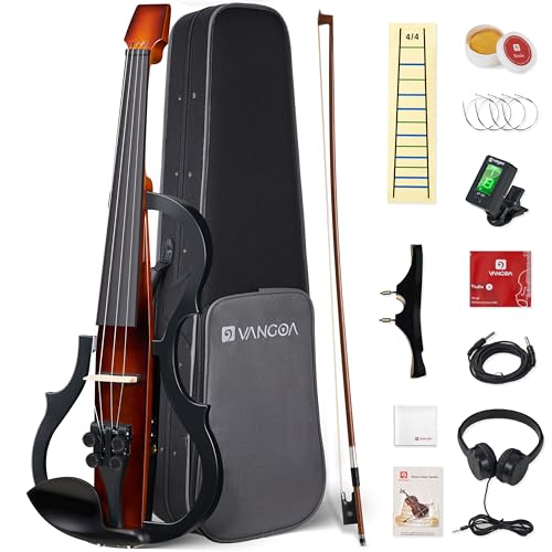 Vangoa Electric Violin Full Size 4/4 Solid Wood Ebony Silent Electric Violin With 4 Fine Tuners, Beginner Adult Professional Performance Kit With Pro Pick up 3-band EQ Earphones Line, Brown