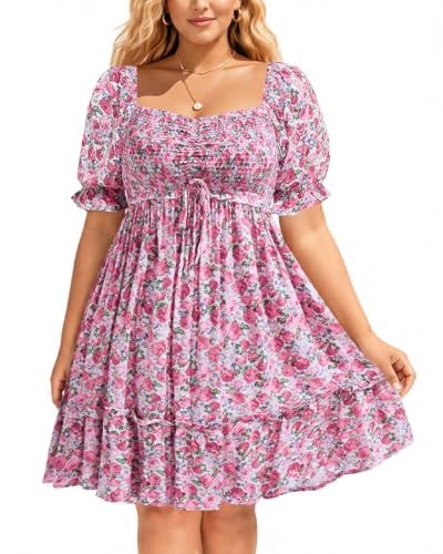 Image of Pinup Fashion Plus Size Summer Dresses-2026 Casual Puff Sleeve Sweetheart Neckline Smocked Short Babydoll Dress