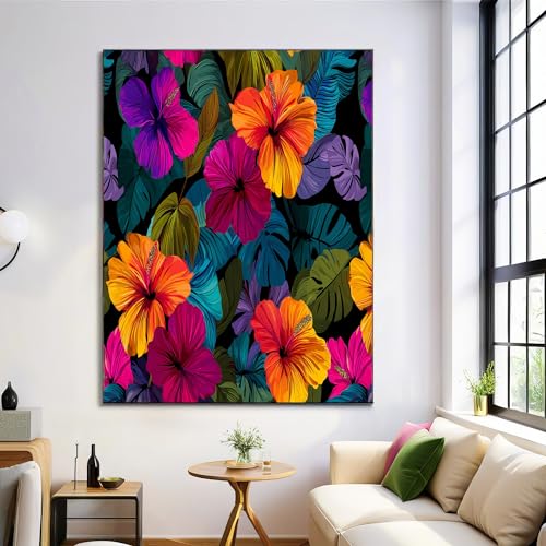 Posters arts reproductions fleurs d'hibiscus et feuilles tropicales pour grand tableau mural