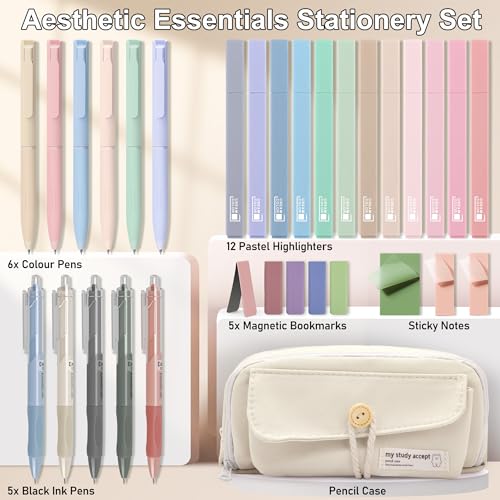 COZCLAM 32pcs Aesthetic Stationery Supplies with White Pen Case, 12 Pastel Highlighters, 6 Colour Pens, 5 Black Pens - Image 2