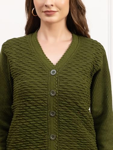 Image of Women's Winter Woolen Cardigan | Full Sleeve Textured Buttoned Sweater for Women | Soft Wool V-Neck Warm Knitted Outerwear for Office & Casual Wear