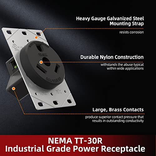 Nema Tt-30R 30 Amp 125 Volts 3 Prong Grounded Flush Mount Power Rv Trailer Outlet Receptacle For Campers, Rv, Travel Trailers, Motorhome, Adapters, Ul Listed, 030666 #TOP2