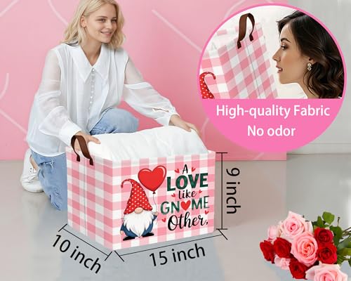 Image of Valentines Day Basket for Kids Heart Shaped Empty Storage Bins for Gifts with Handles Room Decor (Pink Grid Gnome Balloon Love)