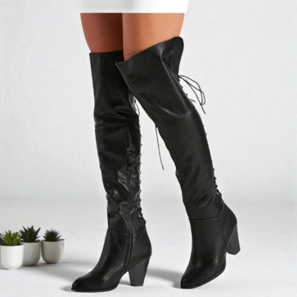 Women's Chunky Heel Lace Up Over-The-Knee High Riding Boots
