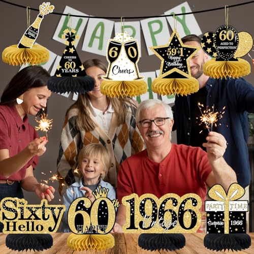Image of 9 Pcs 60th Birthday Decorations Honeycomb Centerpieces for Women Men, Black Gold 1966 Aged to Perfection Vintage Centerpieces for Tables Toppers,Sixty Years Party Decorations Supplies