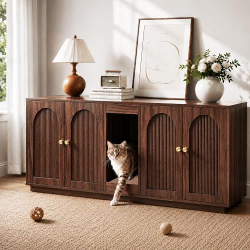 59.1-Inch Double Litter Box Enclosure Furniture for 2 Cats, Walnu...