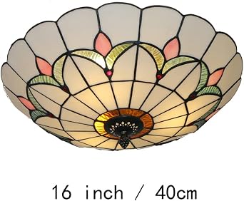 Tiffany Style Stained Glass Ceiling Lamp - 16 Inch White Flush Mount Lighting Fixture