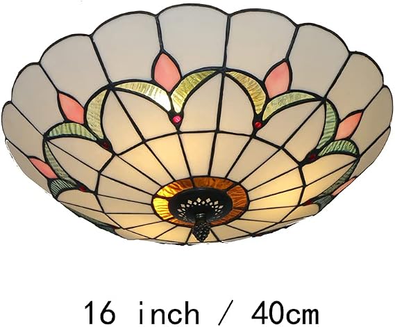 Tiffany Style Stained Glass Ceiling Lamp - 16 Inch White Flush Mount Lighting Fixture